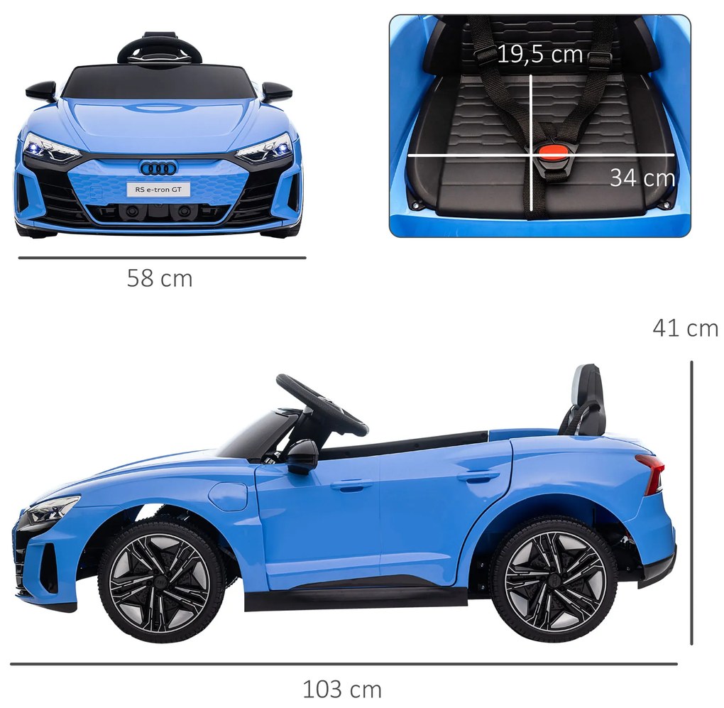 HOMCOM Carro Elétrico AUDI RS E-Tron GT para Crianças de 3-6 Anos Carro de Bateria 12V com 2 Motores Controlo Remoto Faróis LED Buzina Música USB e Abertura de Porta 3-5km/h 103x58x41cm Azul