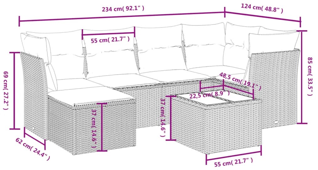 7 pcs conjunto de sofás jardim c/ almofadões vime PE castanho