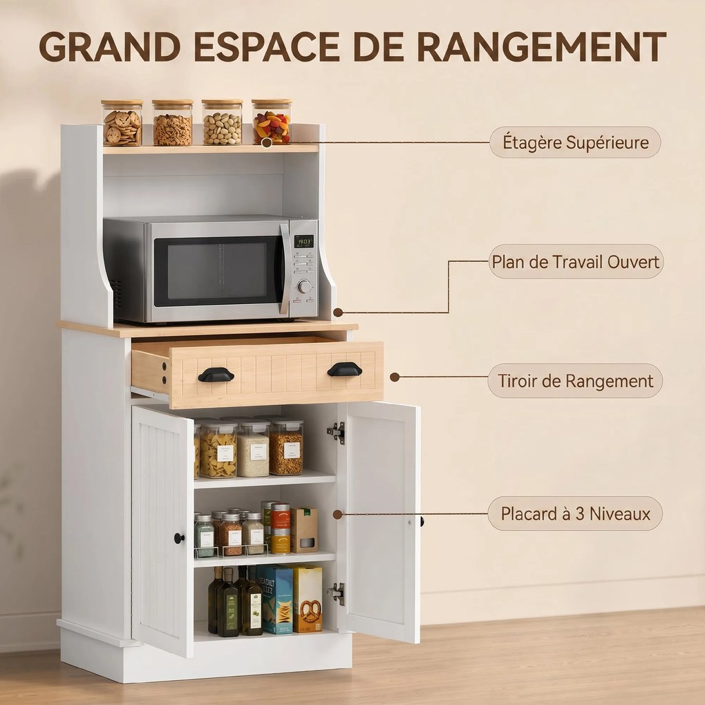 Armário de cozinha para micro-ondas com espaço aberto, 1 gaveta e armário de 2 portas, 61 x 35 x 125,4 cm, em branco e cor carvalho