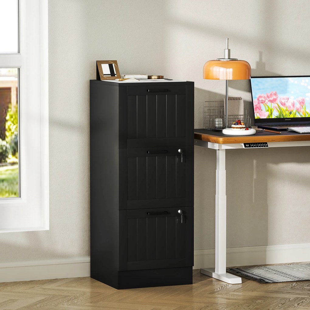 Bloco de Gavetas para Escritório com 3 Gavetas para Escritório com Fechaduras Gavetas Suspensas para A4 40x40x101 cm Preto