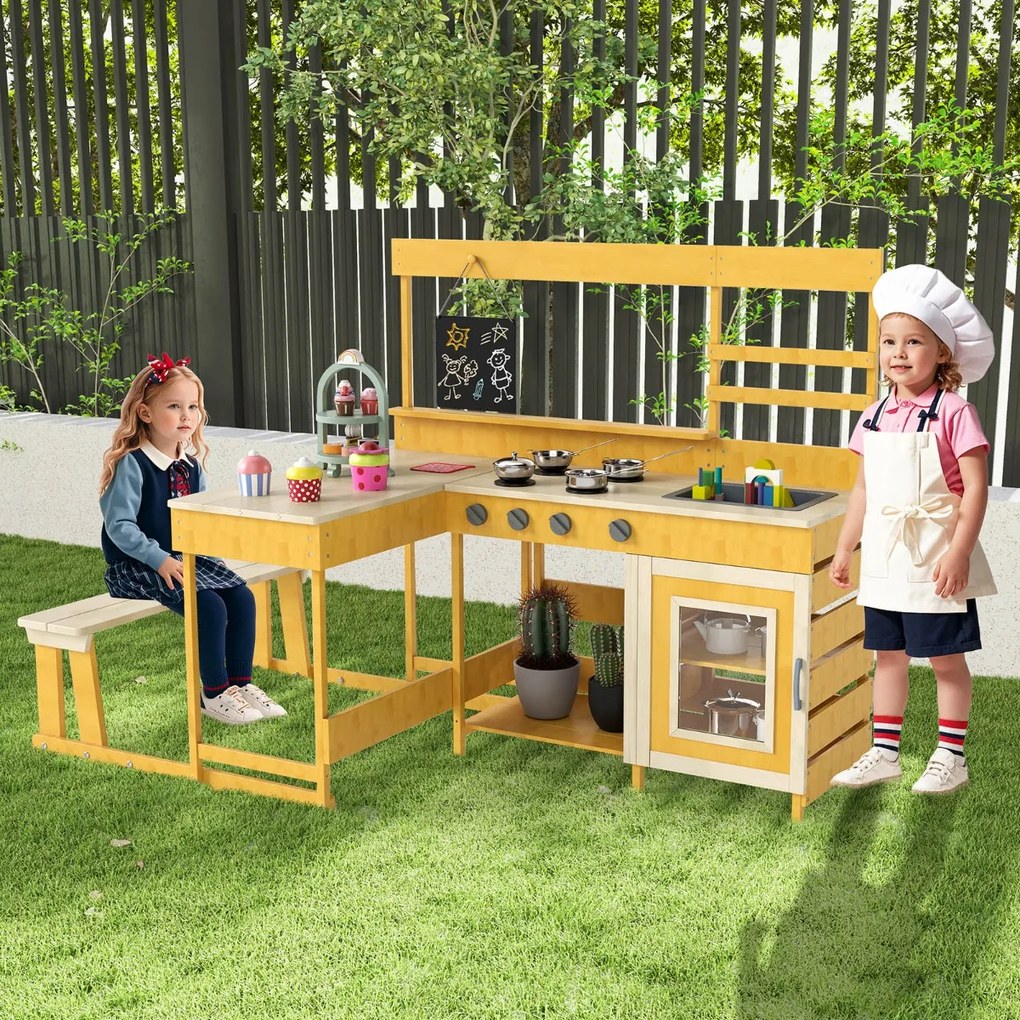 Cozinha de brincar com mesa de piquenique para crianças de madeira de abeto com banco Quadro negro Acessórios Utensílios Amarelo