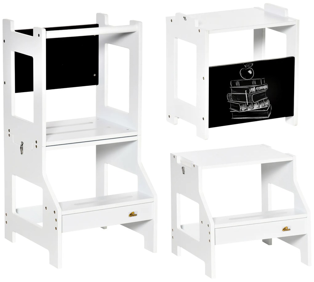 HOMCOM Torre de Aprendizagem para Crianças 3-6 Anos de Madeira Torre de Aprendizagem Infantil Convertível 42x44x86cm Branco | Aosom Portugal