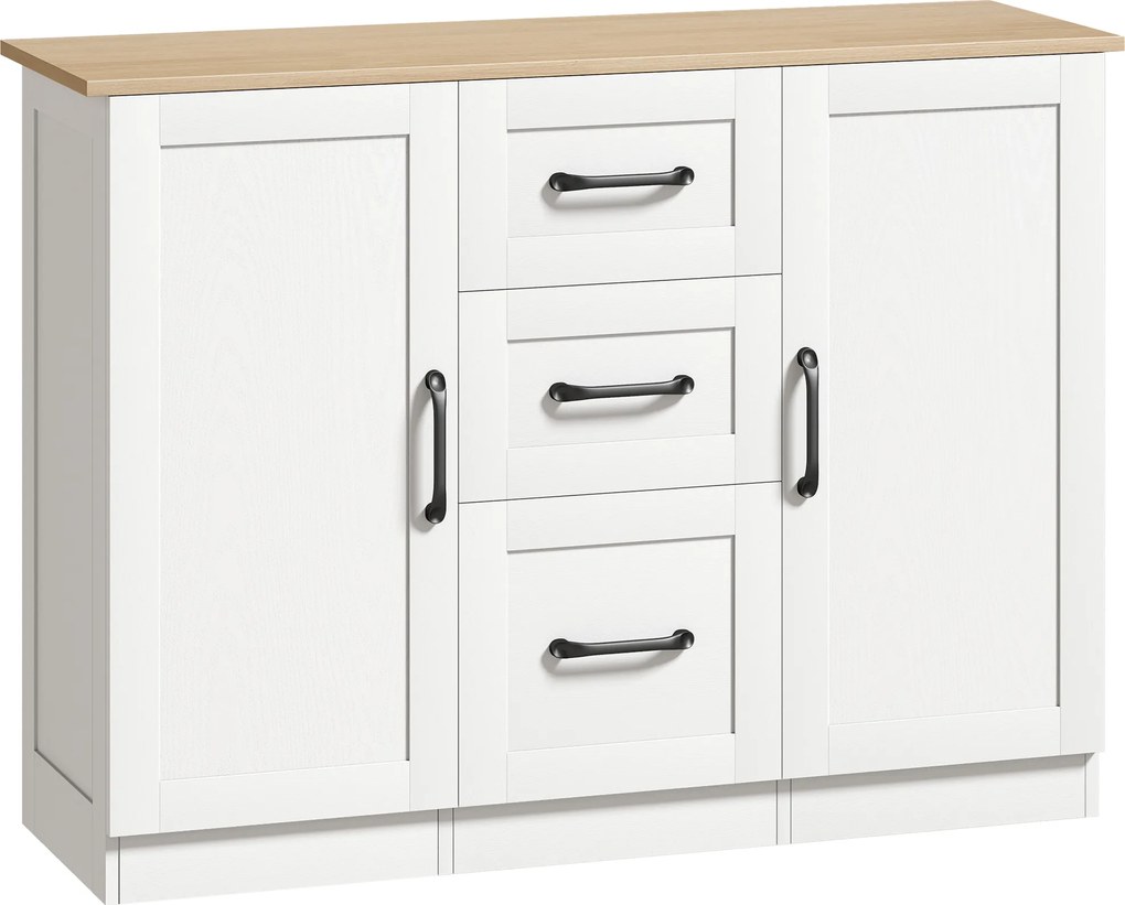 HOMCOM Buffet para sala, móvel de arrumação com 2 portas de fecho suave e 3 gavetas, 110x35x80,4cm, branco e madeira natural | Aosom Portugal