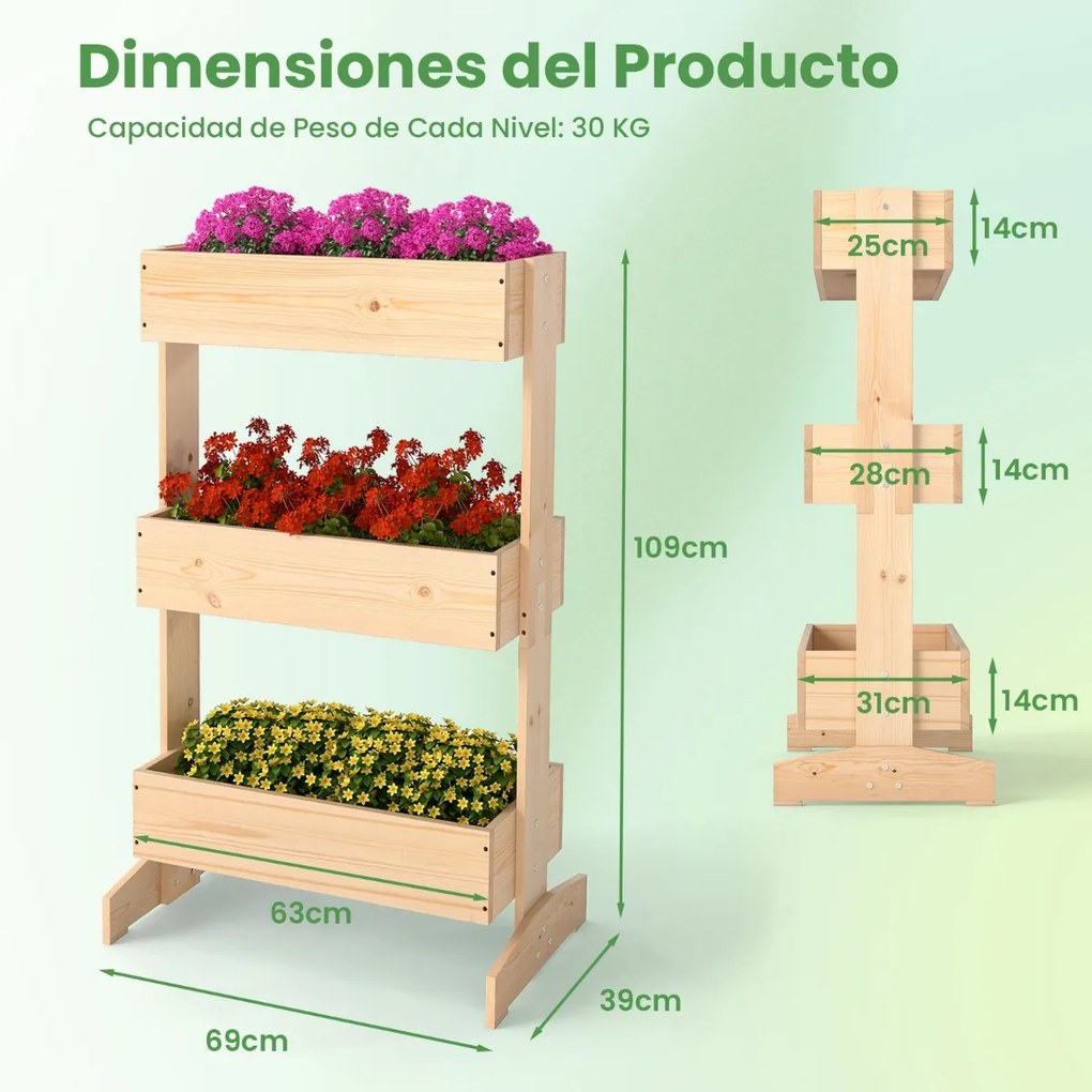 Floreira Elevada 9 x 39 x 109 cm de 3 Níveis para Plantas Estrutura de Madeira para Interiores e Exteriores para Plantas Verduras e Flores natural