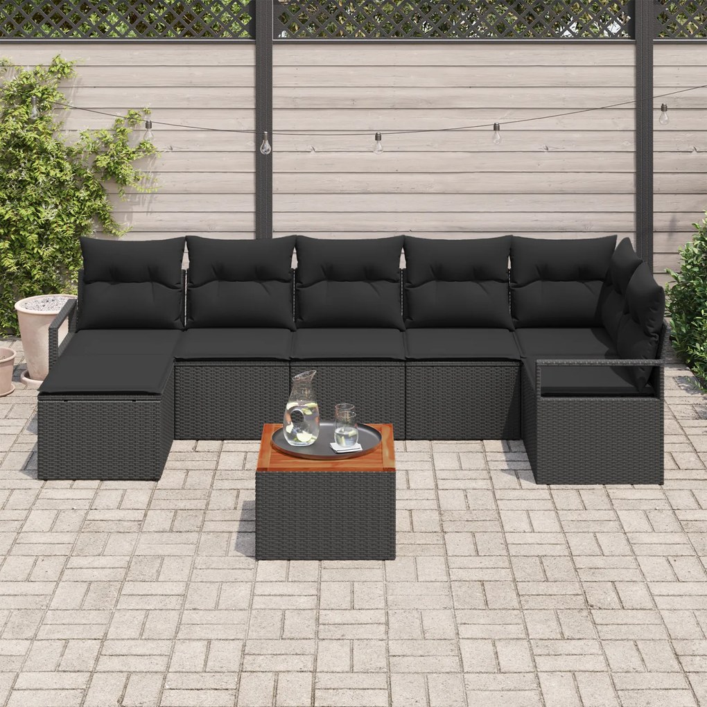 Conjunto de Sofá de Jardim com 8 Peças e Almofadas Preto Rattan Poliés