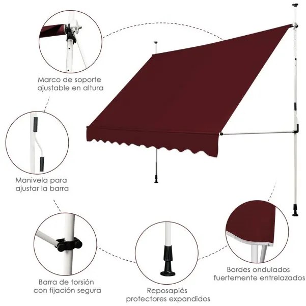 Toldo Telescópico e Retrátil 300 x 120 cm Resistente aos Raios UV Impermeável com Manivela Manual e Altura Ajustável para Janela Varanda Cor Vinho