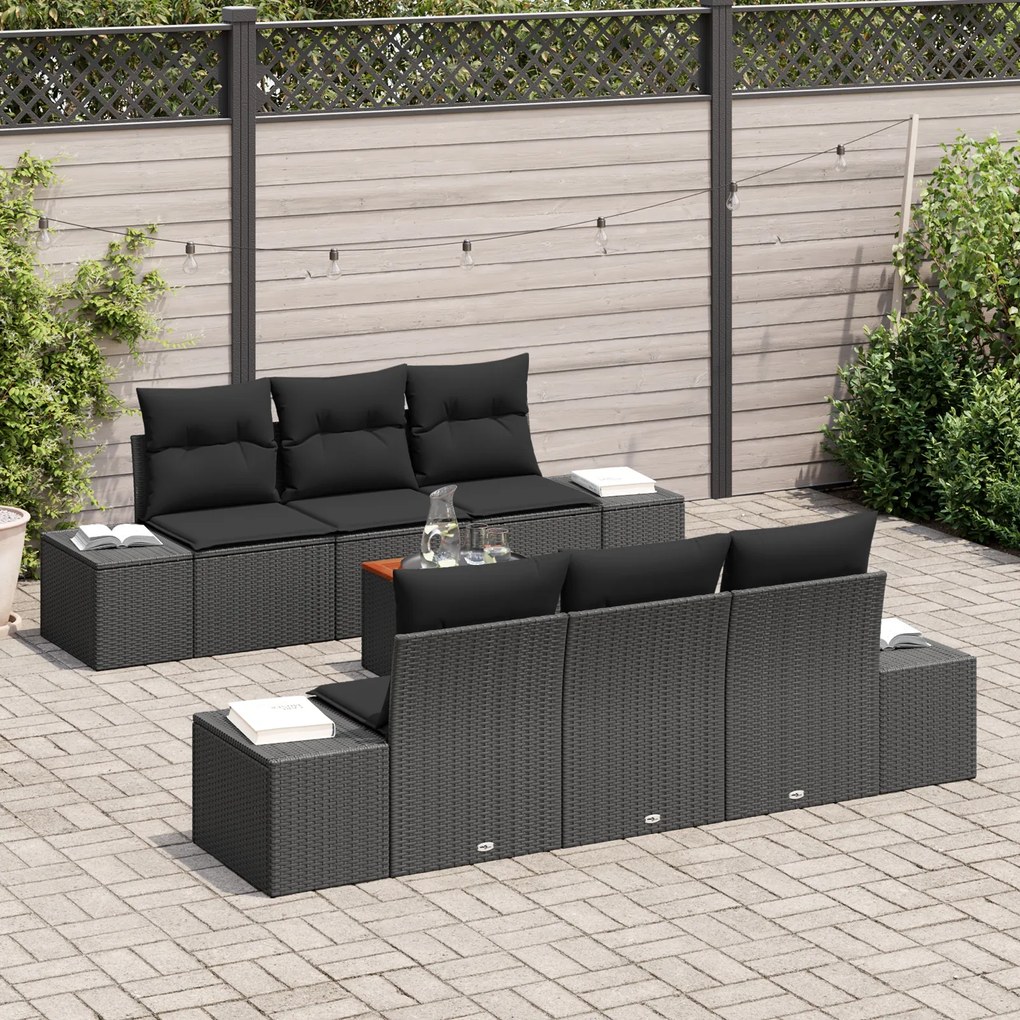 Conjunto de Sofás de Jardim com 7 Peças e Almofadas Preto Rattan Polié