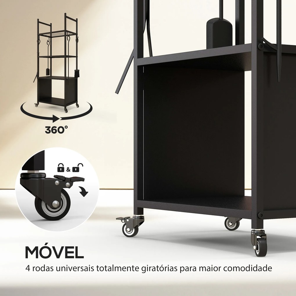 Suporte para Lenha com Rodas de 4 Níveis com Pá Escova Atiçador e Tenaz para Interior e Exterior 45x30x118 cm Preto