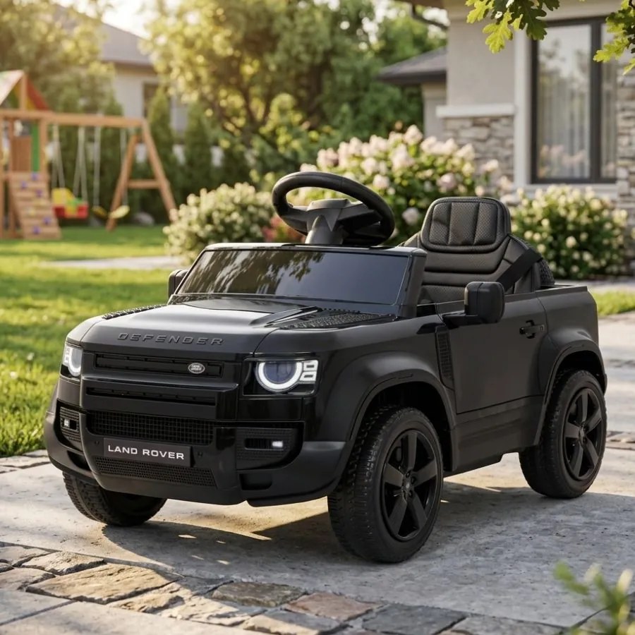 Carro elétrico para Crianças 12V 4x4 Land Rover Defender Rodas de espuma EVA, Assento Couro ecológico, Controlo remoto Preto