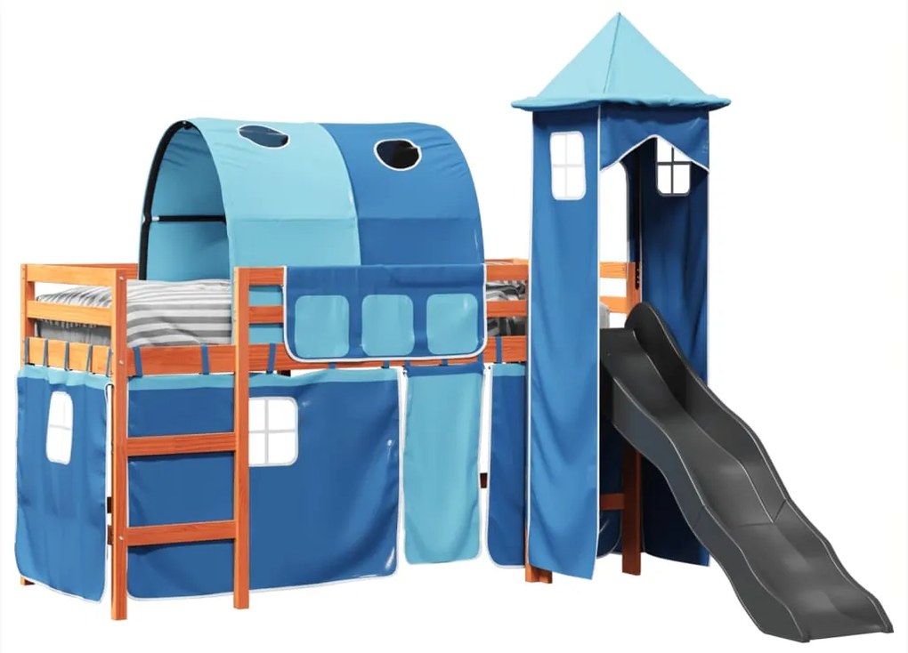 Cama alta para criança com torre 90x190 cm pinho maciço azul