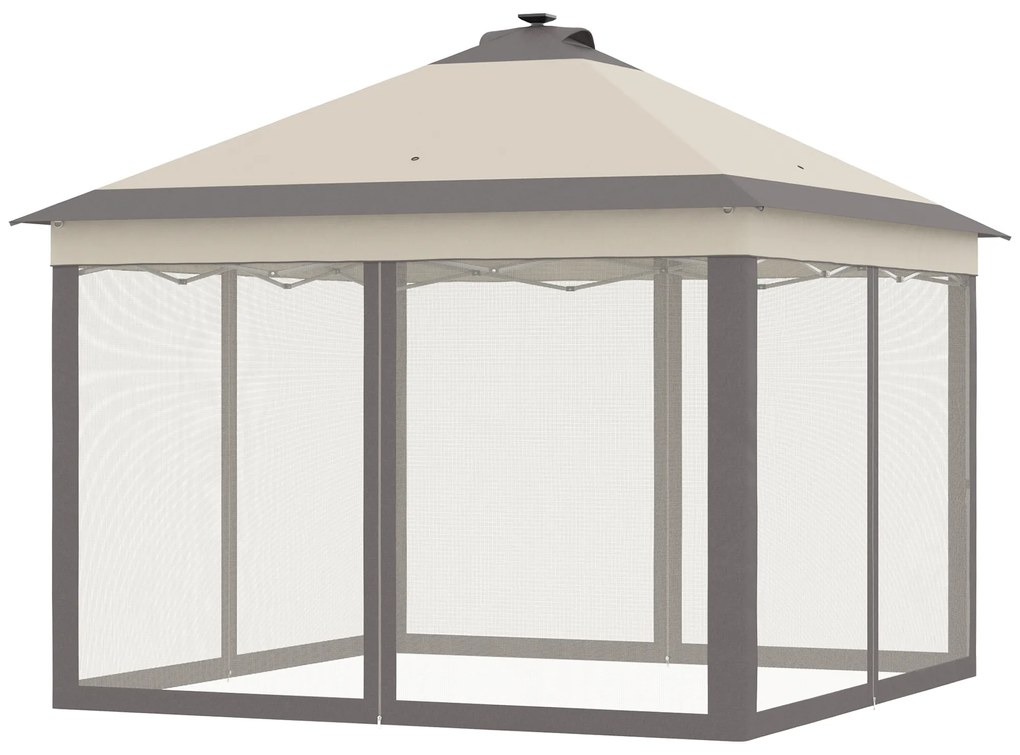 Pérgola Dobrável Exterior 3,3x3,3x2,9 m com Luzes LED e Controle Remoto 4 Mosquiteiras Removíveis e Bolsa de Transporte Bege