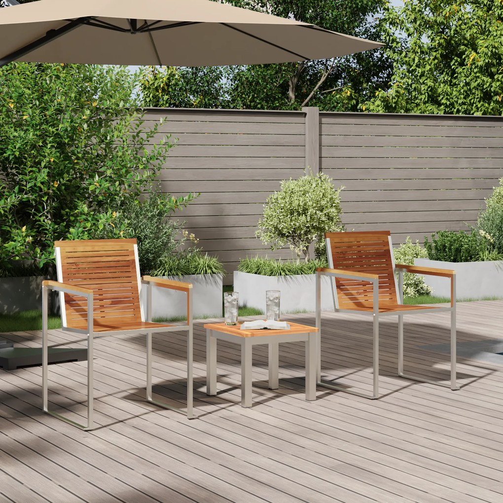 Chaise Longue com Cadeiras de Jardim 3 pcs Madeira de Teca Maciça