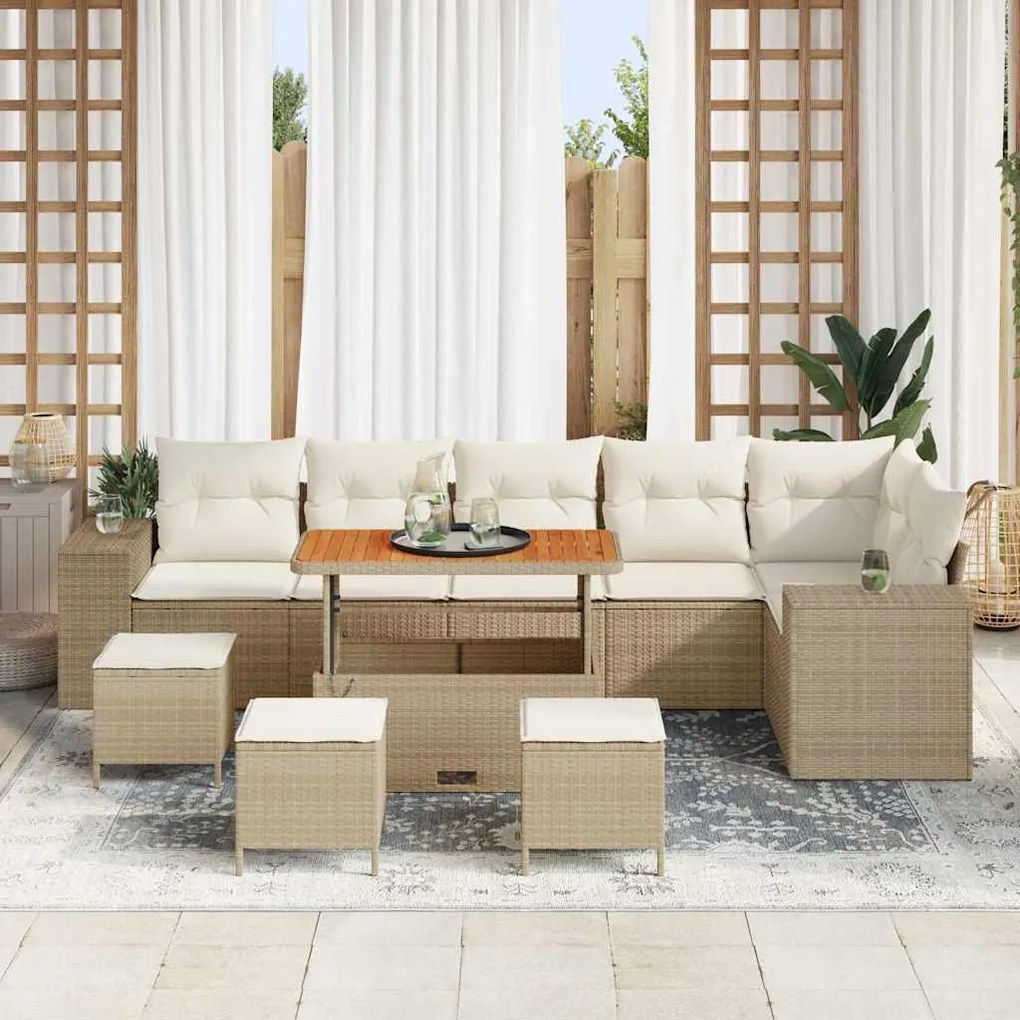 Conjunto de Sofá de Jardim com Almofadas de 10 Peças Bege Polirattan A