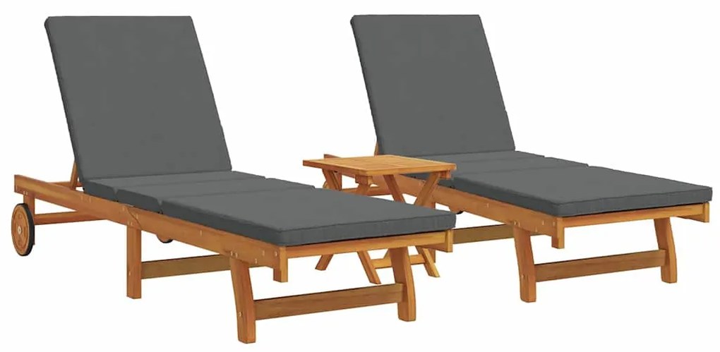 vidaXL Espreguiçadeiras com rodinhas - 2 peças com mesa e almofadas em madeira de acácia sólida
