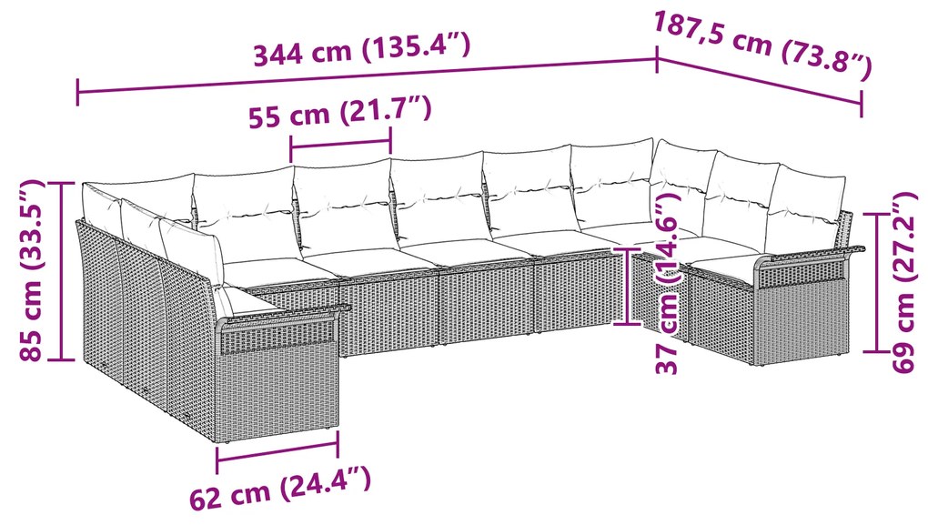 Conjunto de Sofá de Jardim de 10 Peças com Almofadas Cinzento Claro Ra
