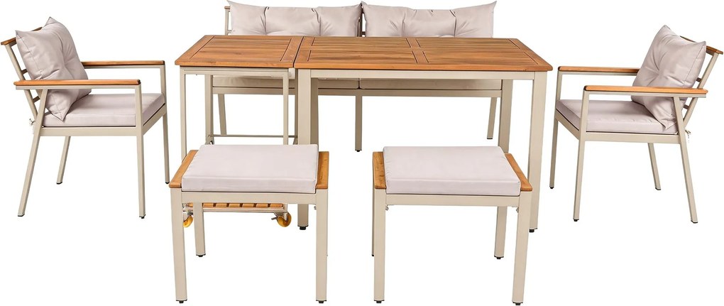 Conjunto de mesa de jantar e cadeiras para jardim 6-7 lugares, móveis de jardim com poltronas e carrinho de refeições removível, Bege+Cor natural| AOSOM Portugal