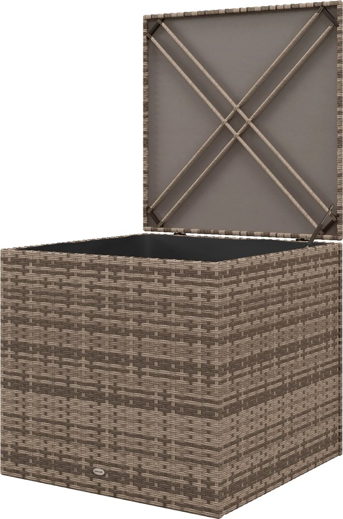 Outsunny Baú de Armazenamento de Vime Sintético 75x75x70 cm Baú de Exterior com Haste de Ar e Estrutura de Aço Carga 50 kg Cáqui | Aosom Portugal