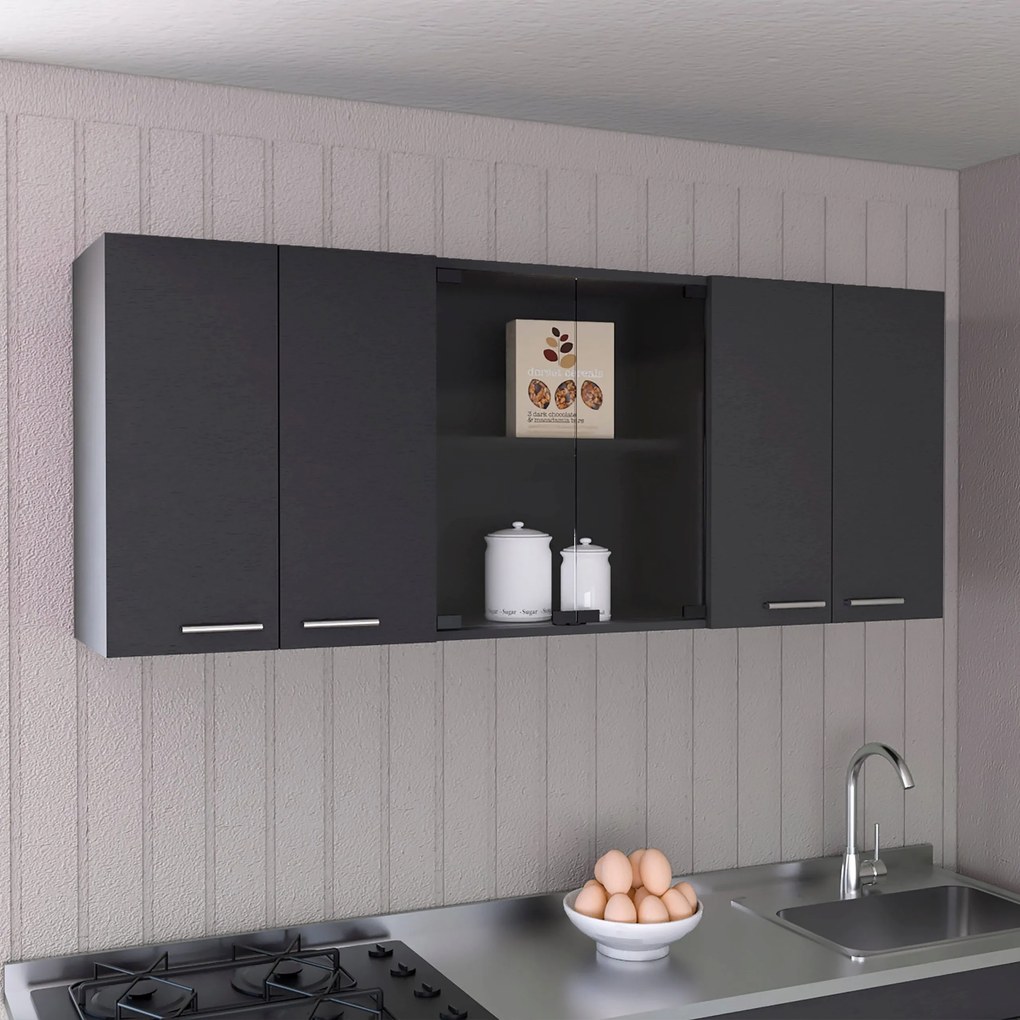 Móvel de parede para cozinha com vidro 150, com várias portas, 60 x 150 x 31,5 cm preto