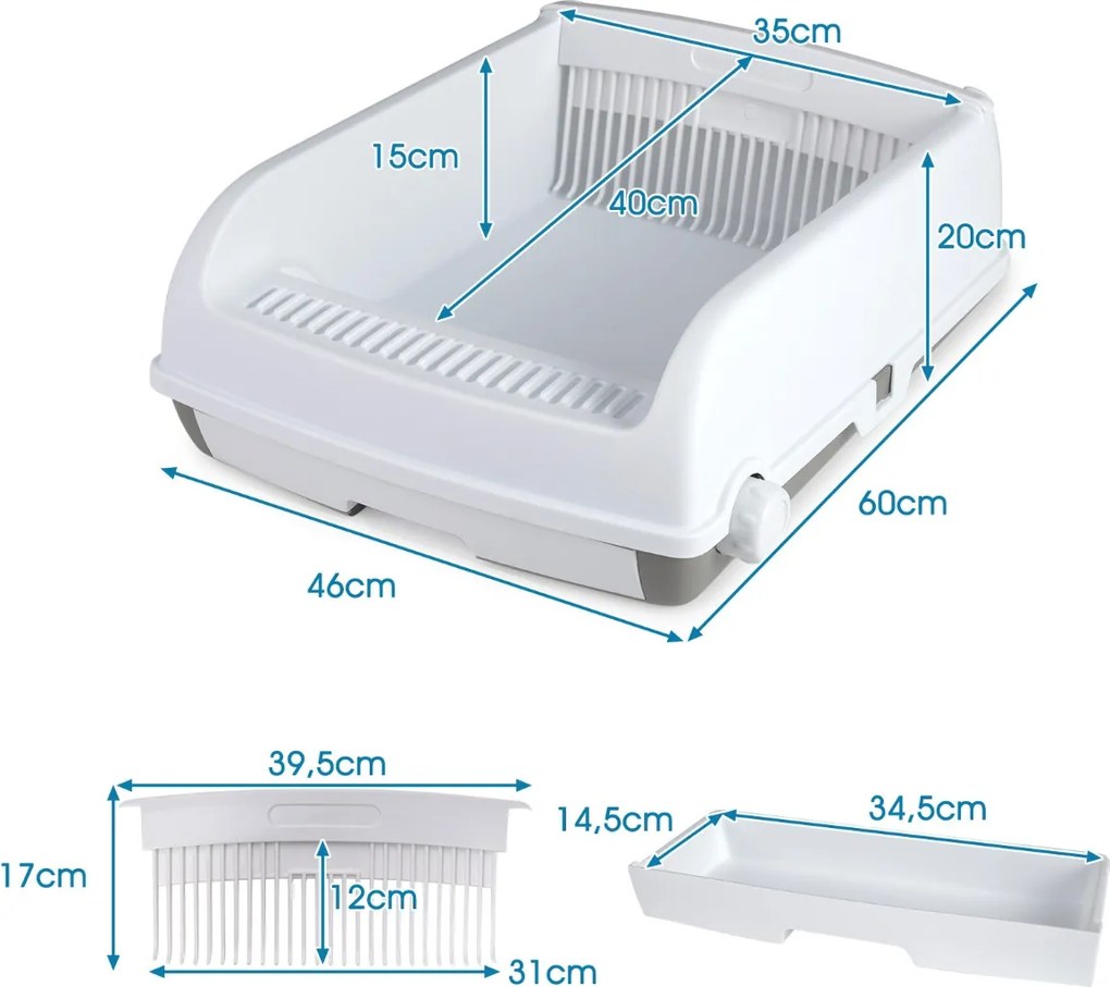 Caixa de areia semiautomática para gatos 60 x 46 x 24 cm com tampa aberta e laterais altas; banheira para gatos com tabuleiro tipo gaveta, branca