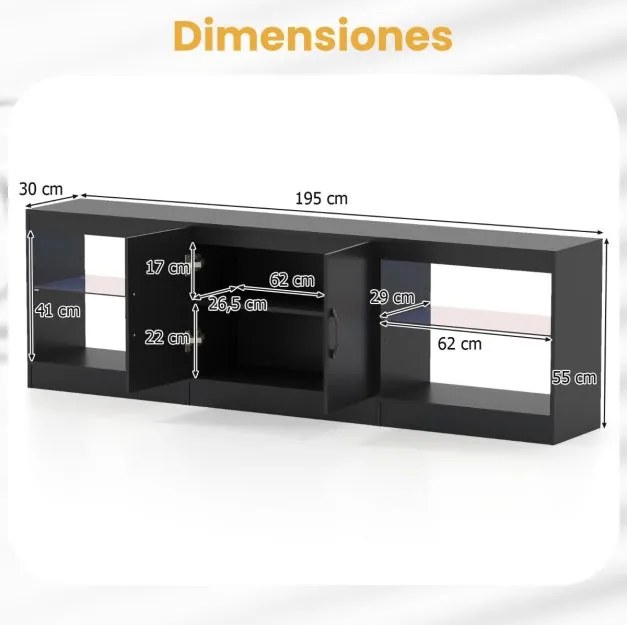Móvel para TV até 85" com 195 x 30 x 55 cm de 3 em 1 com luzes LED e prateleiras de vidro ajustáveis Preto