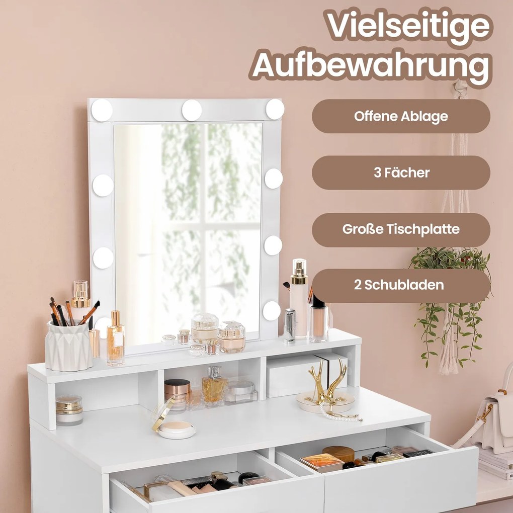 Toucador com iluminação LED 40 x 80 x 145 cm com espelho, 2 gavetas e 3 compartimentos abertos branco