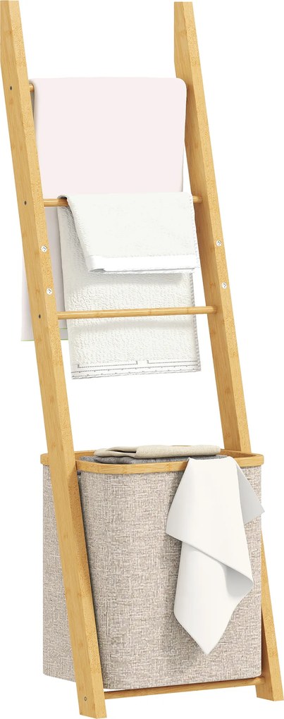 Estante para Casa de Banho de Bambu com 3 Barras e Cesto para Roupa Suja Removível de 48 L 43x35x133 cm Creme e Madeira
