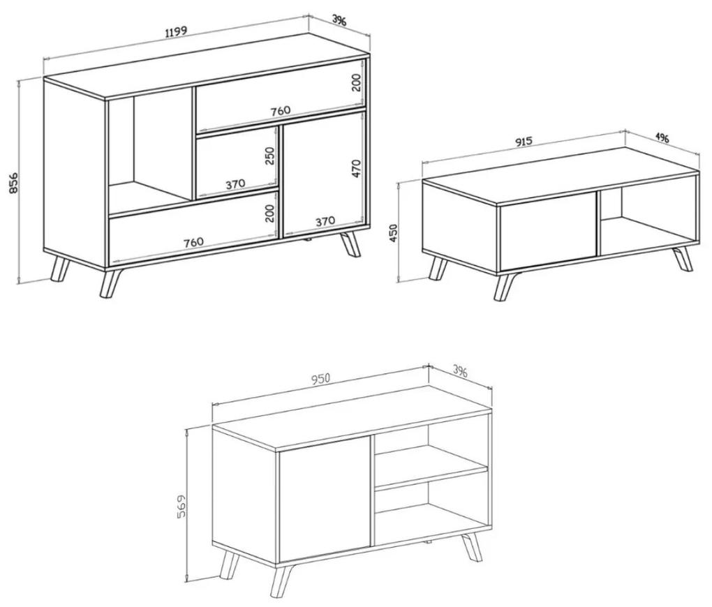 Conjunto de móveis Wind Sala de estar/jantar, Estrutura cor Cimento portas e gavetas Branco - Buffet-Móvel TV100- mesa de café Cimento/Branco