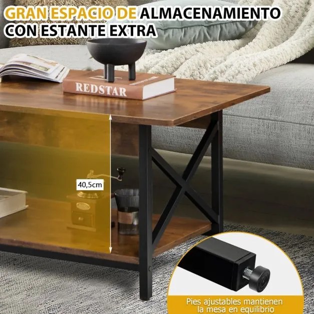 Mesa de centro industrial de 2 níveis com Estante para arrumação e estrutura em X de metal para sala de estar 110x60x48 cm Castanho