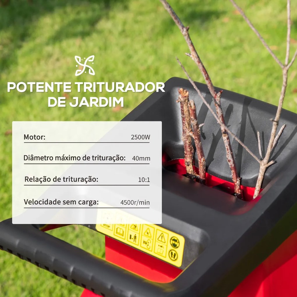 Triturador Elétrico de Folhas 2500W para Jardim com 2 Lâminas Bolsa de Coleta de 50L e Rodas para Ramos Ervas 40x34x89cm Preto e Vermelho