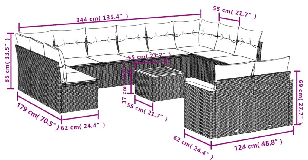 13 pcs conjunto sofás p/ jardim c/ almofadões vime PE cinzento