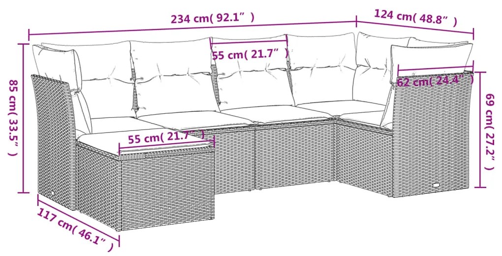 6 pcs conj. sofás jardim com almofadões vime PE cinzento-claro