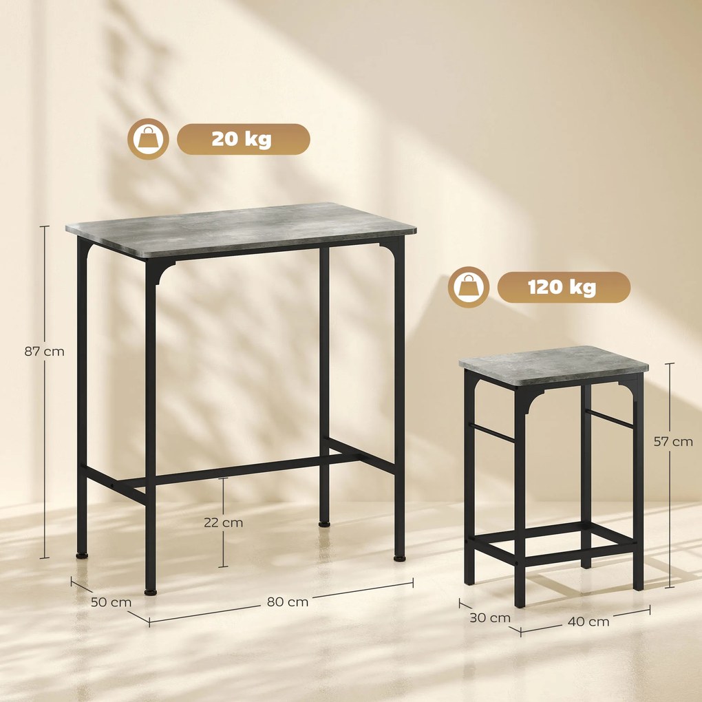 Conjunto de mesa de bar com 2 bancos, estrutura em aço para cozinha, sala de jantar e sala de estar, cinzento