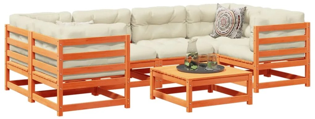 7 pcs conjunto sofás de jardim madeira de pinho castanho cera