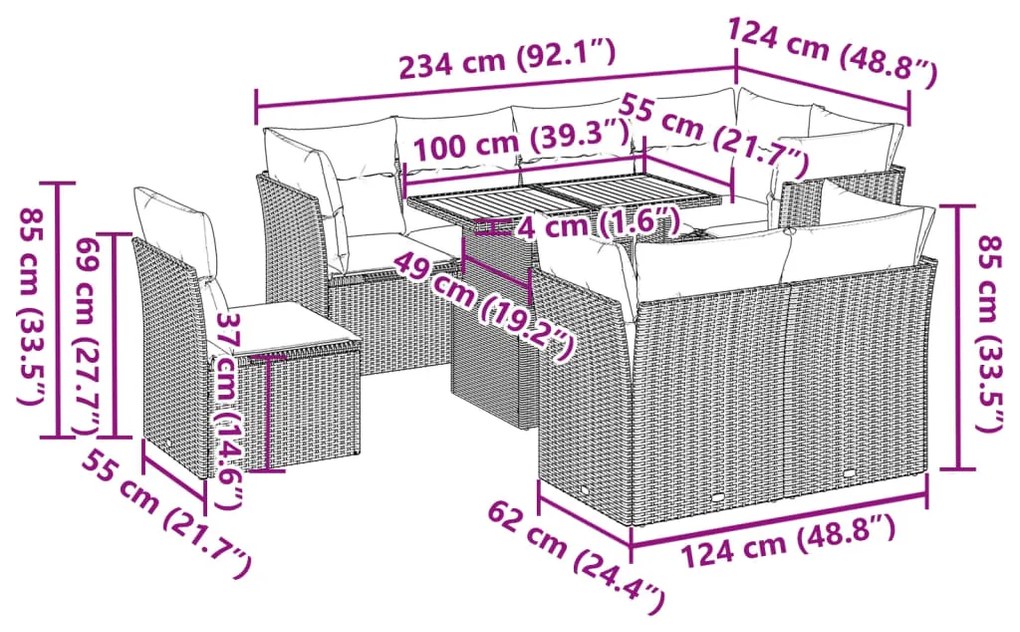 9 pcs conjunto sofás p/ jardim com almofadões vime PE cinzento