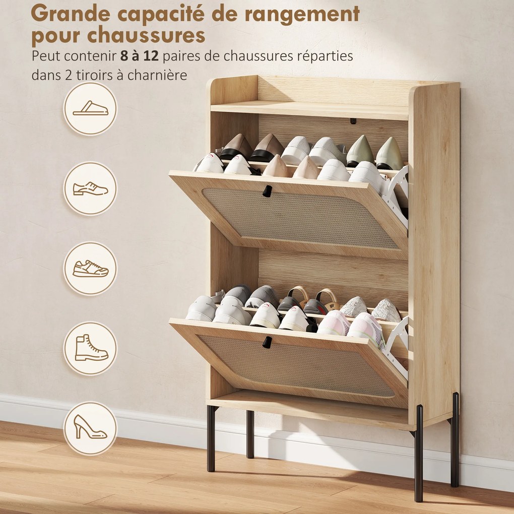 Sapateira com capacidade para 12 pares, 60 x 23,7 x 99,5 cm, 2 gavetas rebatíveis, portas em rattan e prateleiras ajustáveis, cor carvalho