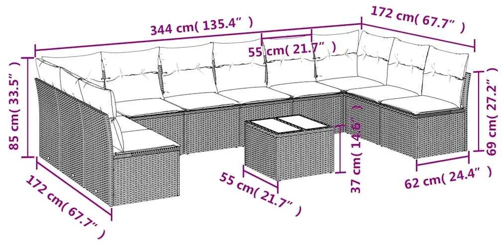 11 pcs conjunto sofás de jardim c/ almofadões vime PE castanho