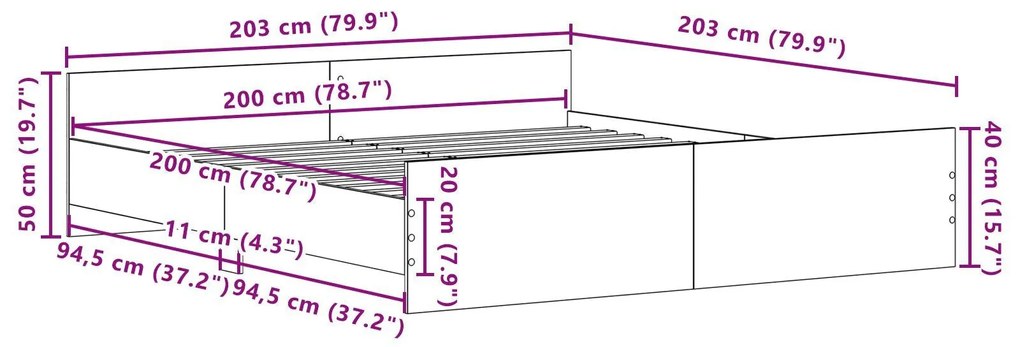 Cama vidaXL Artisan Carvalho 200x200 cm Madeira Ingenierada