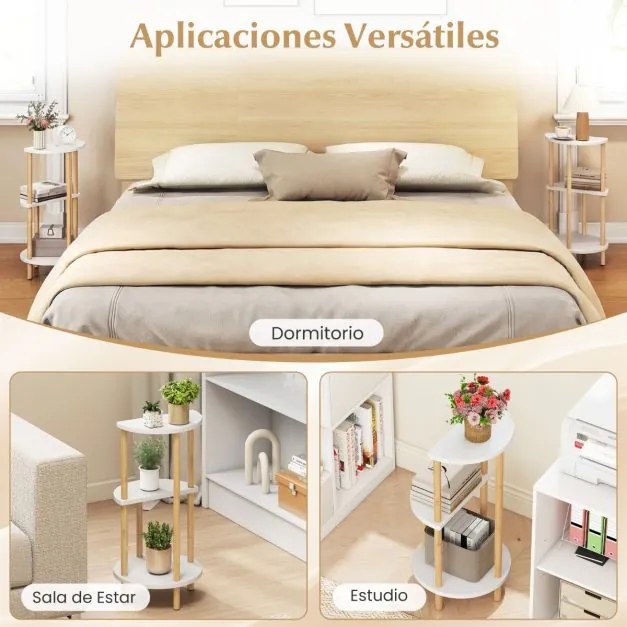 Conjunto de 2 mesas apoio redondas de bambu com 3 níveis e prateleiras de arrumação, para colocar na sala e no quarto, Branco + natural