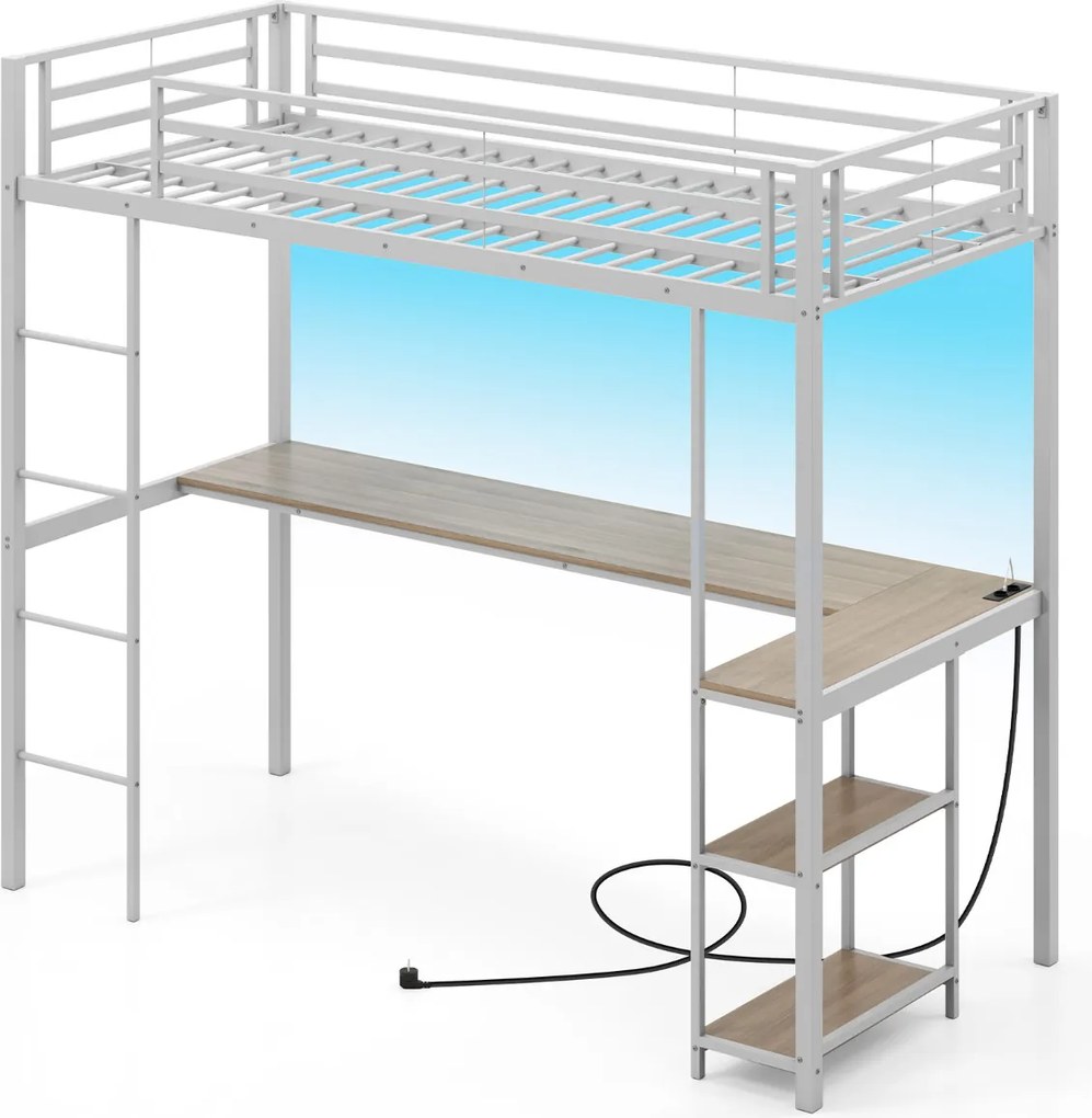 Cama alta 200 x 90 cm com secretária para crianças com estação de carregamento LED  de metal com corrimão e escada prata