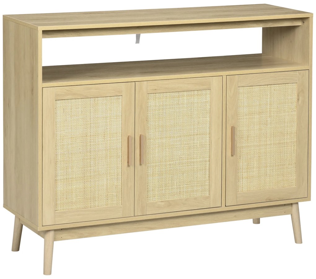 HOMCOM Aparador Sala de Estar de Estilo Cannage com 3 Portas de Vime Prateleiras Ajustáveis e Pés de Madeira 120x40x97 cm Madeira | Aosom Portugal