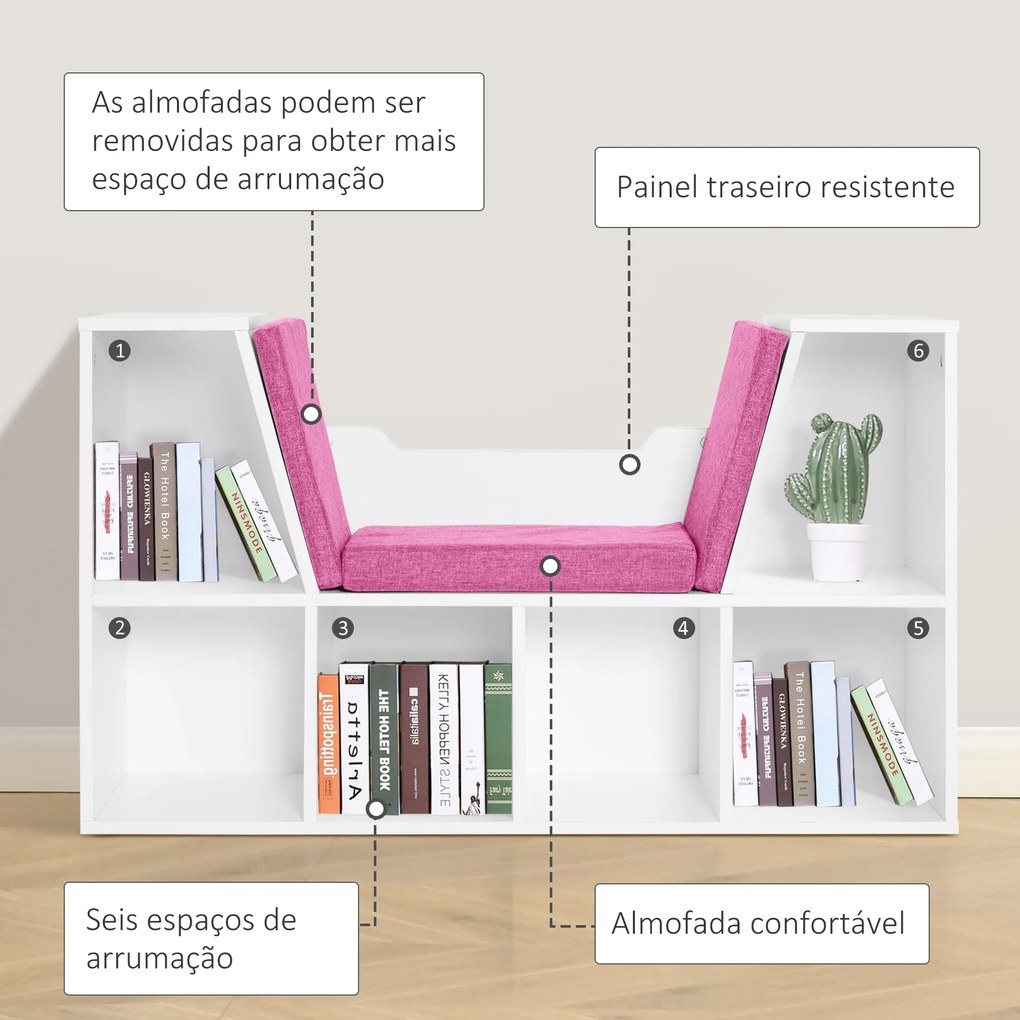Estante 102x30x61cm com Assento Estante com 6 Cubos e Banco com Almofada 102x30x61cm Branco e Rosa
