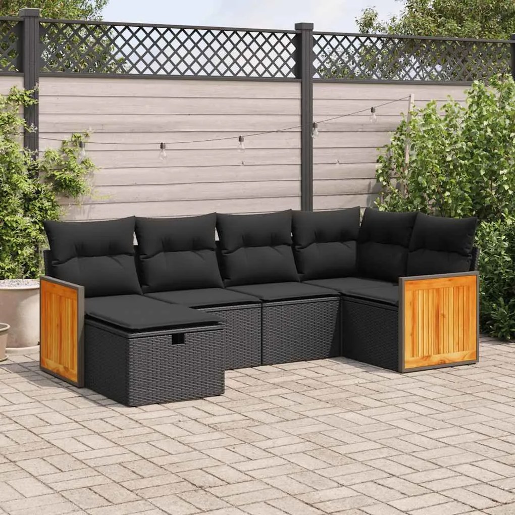 6 pcs conjunto sofás de jardim c/ almofadões vime PE preto