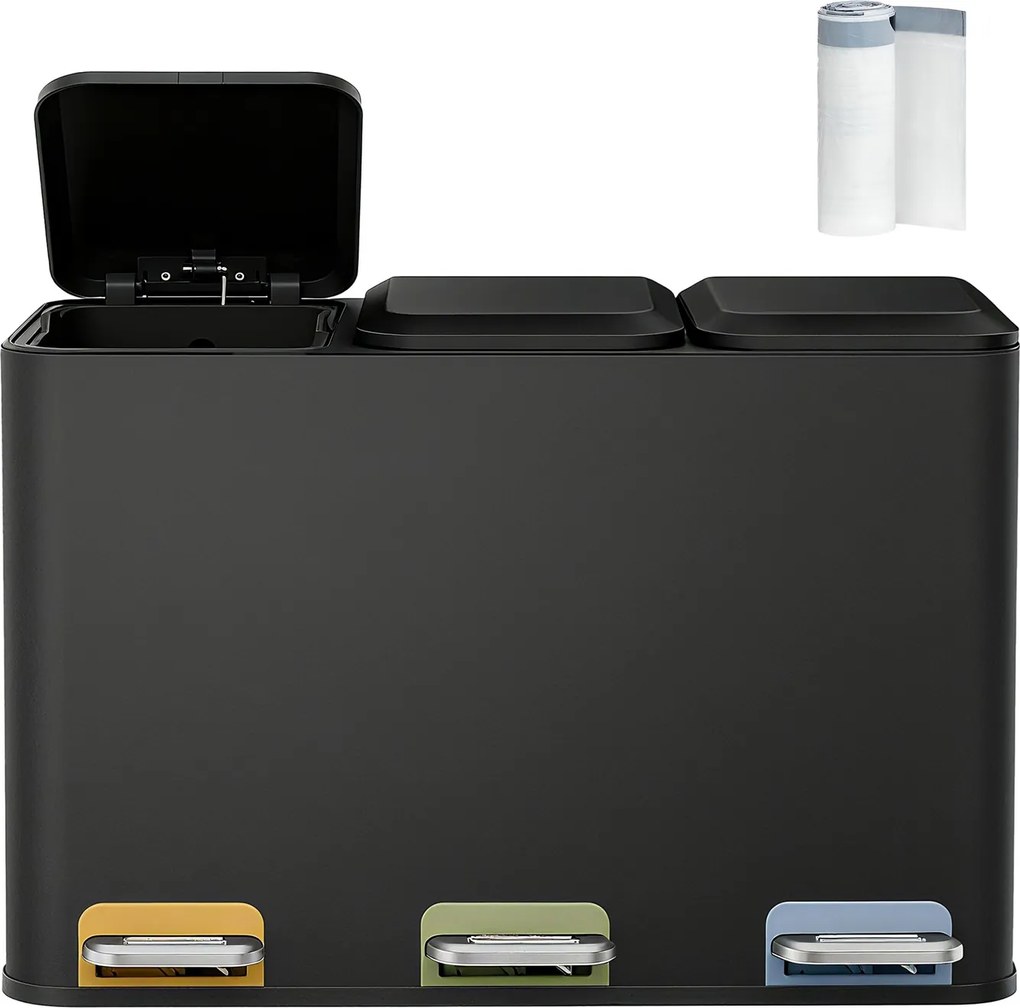 Caixote de lixo 60,5 x 38,8 x 42,7 cm com 3 baldes internos de 15 litros, com pedal em aço Preto