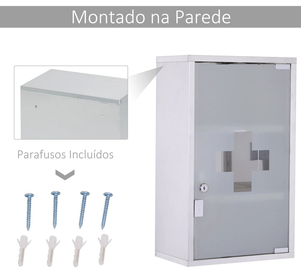 HOMCOM Armário de remédios de aço inoxidável montado na parede com 3 p