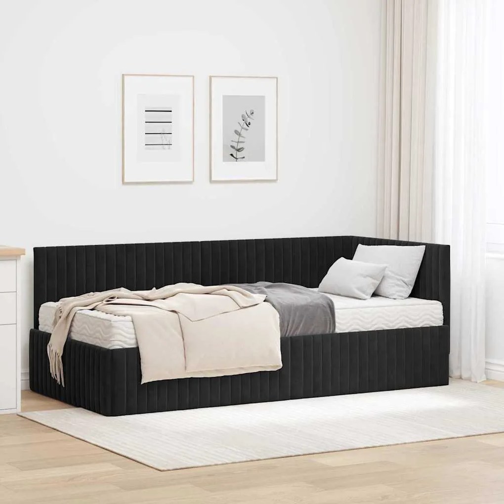 vidaXL Estrutura de Cama de Canto com Colchão 2 pcs Preto Veludo