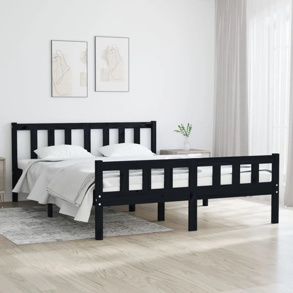 vidaXL Estrutura de cama casal 135x190 cm madeira maciça preto