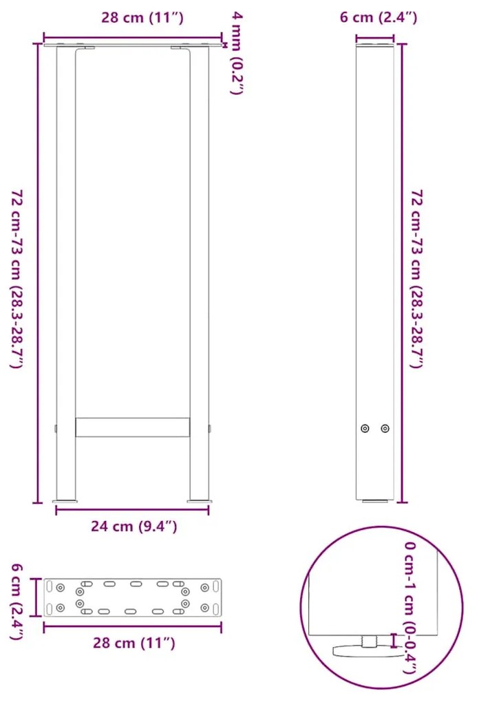 Pés de mesa de console em aço natural, 2 peças, 28x(72-73) cm, aço