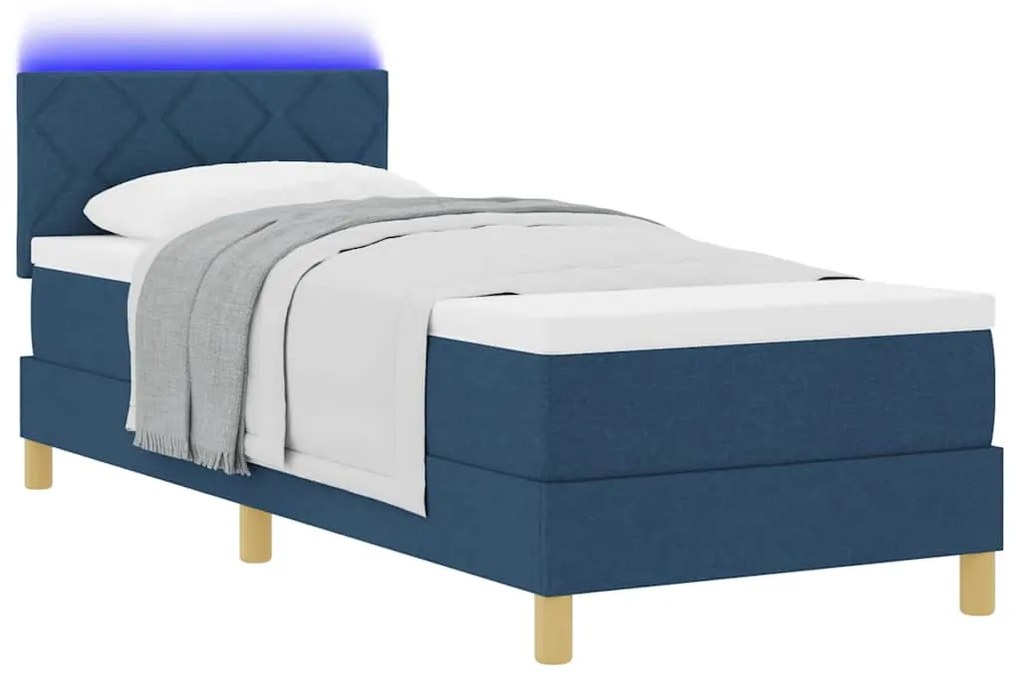 Cama Box Spring com Colchão &amp; LED Azul 80x200 cm Tecido