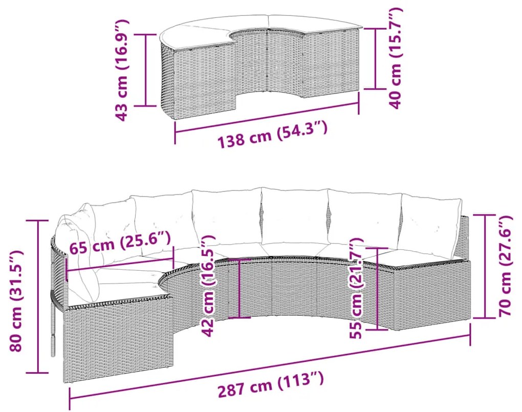 2 pcs conjunto de sofás de jardim semicircular vime PE cinzento