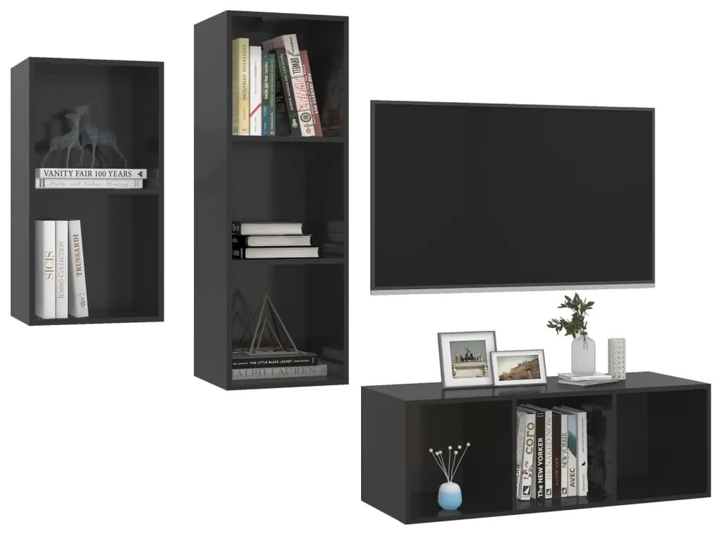 3pcs conjunto de móveis de TV derivados madeira preto brilhante